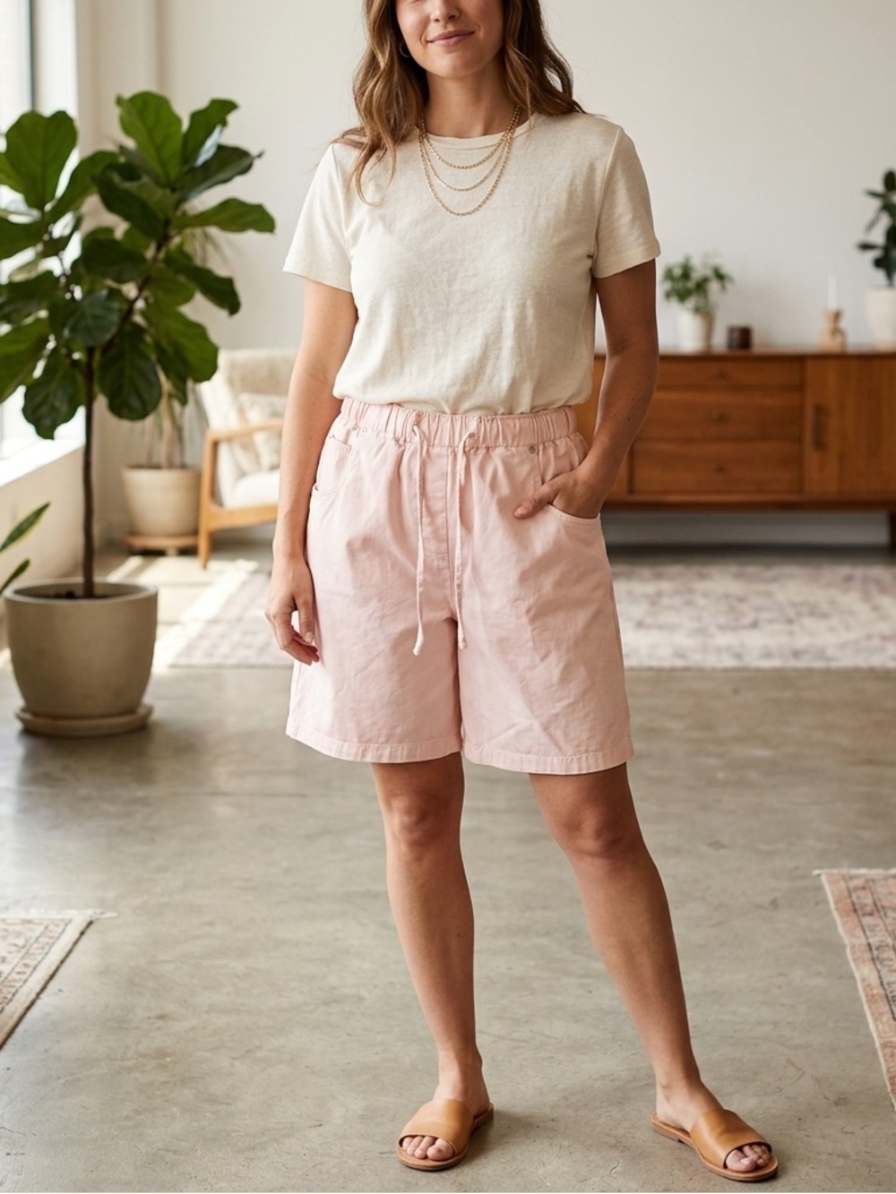 Vintage Pink High Waisted Shorts Elastic Drawstring Denim Cotton size M